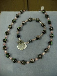 1252-  Black Cloisonné and pink catseye  sterling silver bead necklace and bracelet set with an engravable heart.  This one can be personalized.
